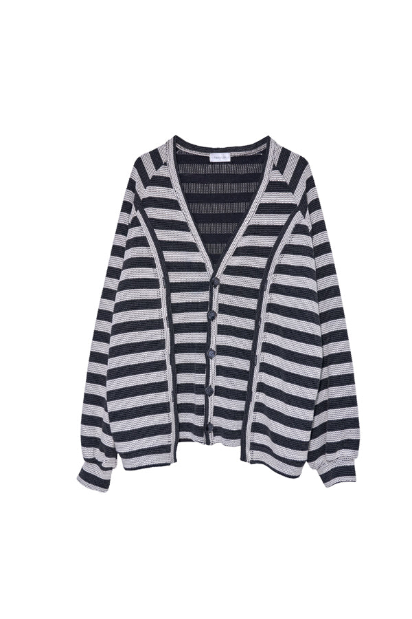 【Nora Lily】Switching Design Cardigan-Charcoal Gray Border-225580159-18F