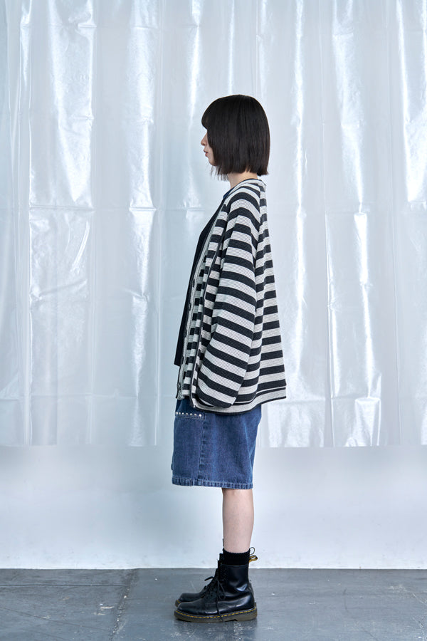 【Nora Lily】Switching Design Cardigan-Charcoal Gray Border-225580159-18F