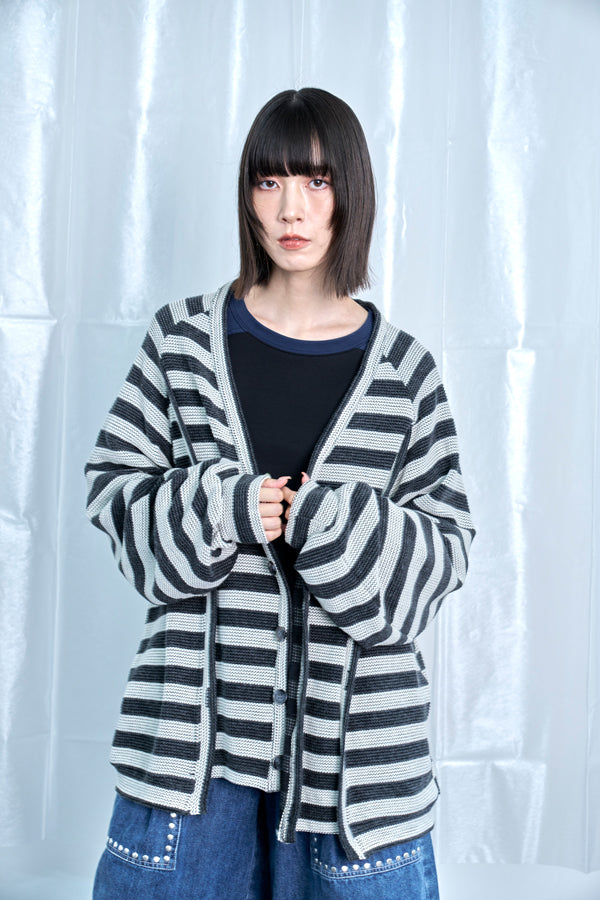 【Nora Lily】Switching Design Cardigan-Charcoal Gray Border-225580159-18F