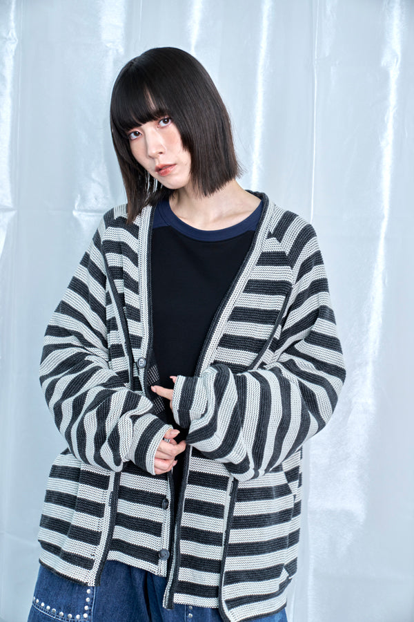 【Nora Lily】Switching Design Cardigan-Charcoal Gray Border-225580159-18F