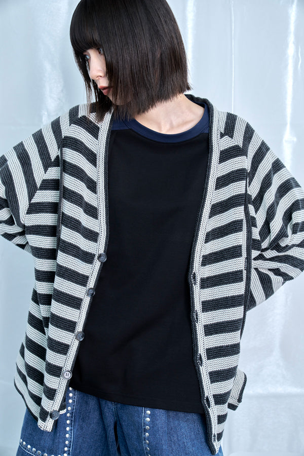 【Nora Lily】Switching Design Cardigan-Charcoal Gray Border-225580159-18F