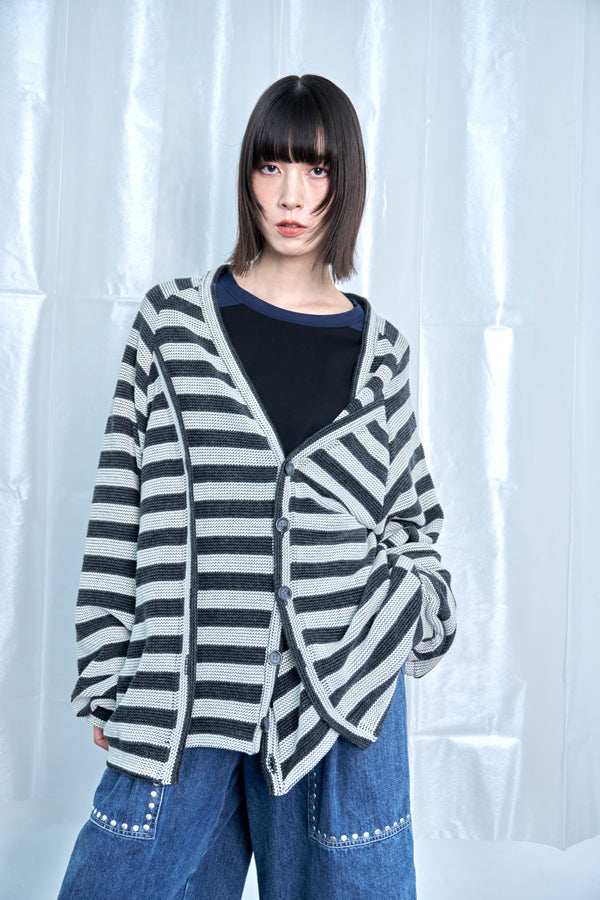 【Nora Lily】Switching Design Cardigan-Charcoal Gray Border-225580159-18F