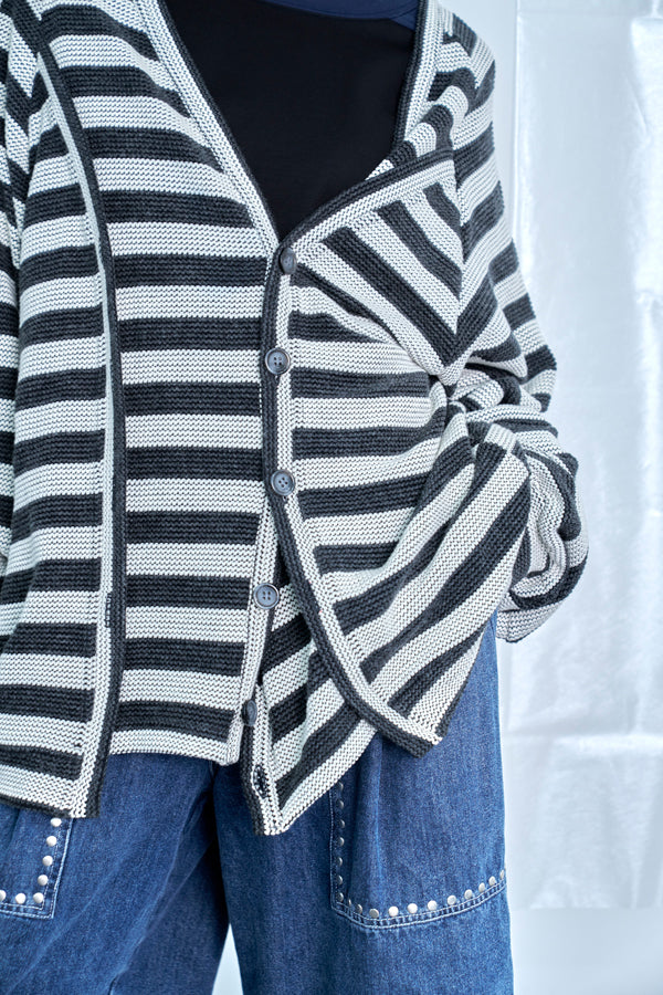 【Nora Lily】Switching Design Cardigan-Charcoal Gray Border-225580159-18F