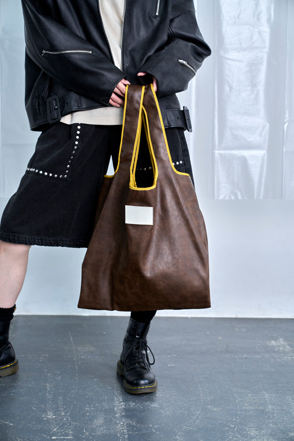 【Nora Lily】Smooth Fake Leather Combi Bag-Brown x Mustard-225593003-42F