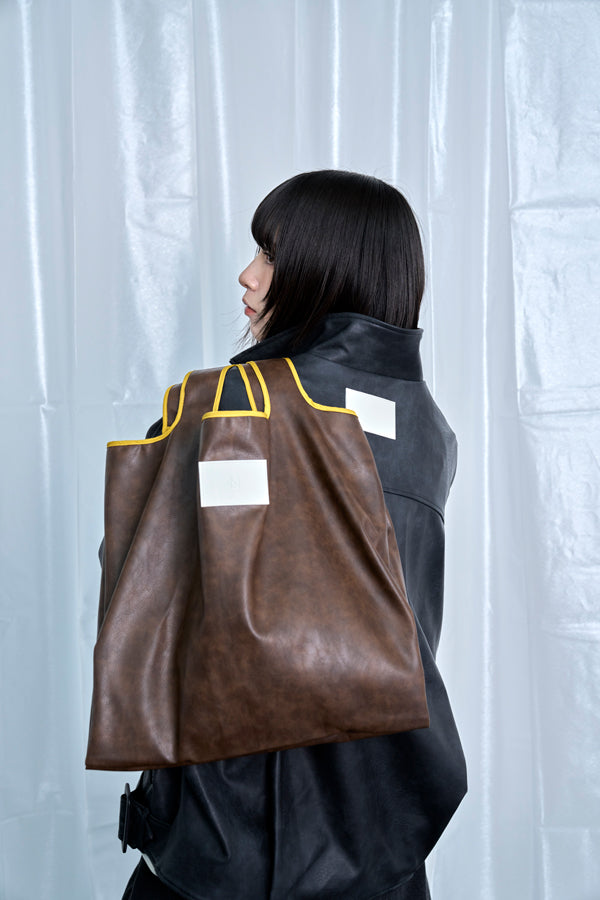 【Nora Lily】Smooth Fake Leather Combi Bag-Brown x Mustard-225593003-42F