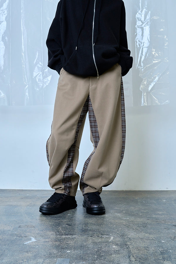 【Nora Lily】Switching Wide Leg Barrel Pants-Beige x khaki check-225760111-52F