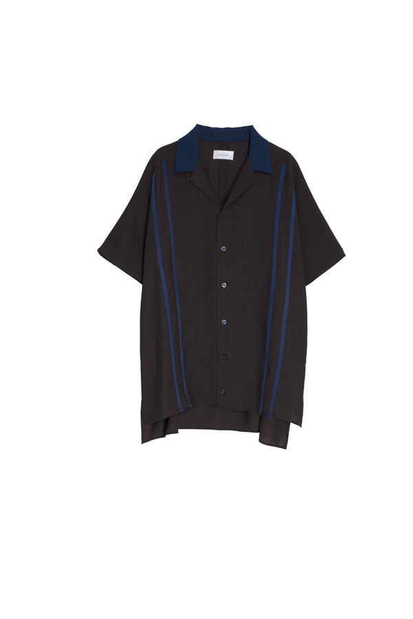 Nora Lily】Retro Line Open Collar S/S Shirt-Charcoal Grey x Navy