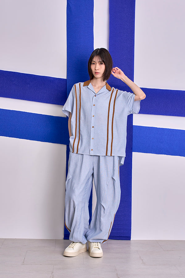Nora Lily】Retro Line Open Collar S/S Shirt-Sax Blue x Camel
