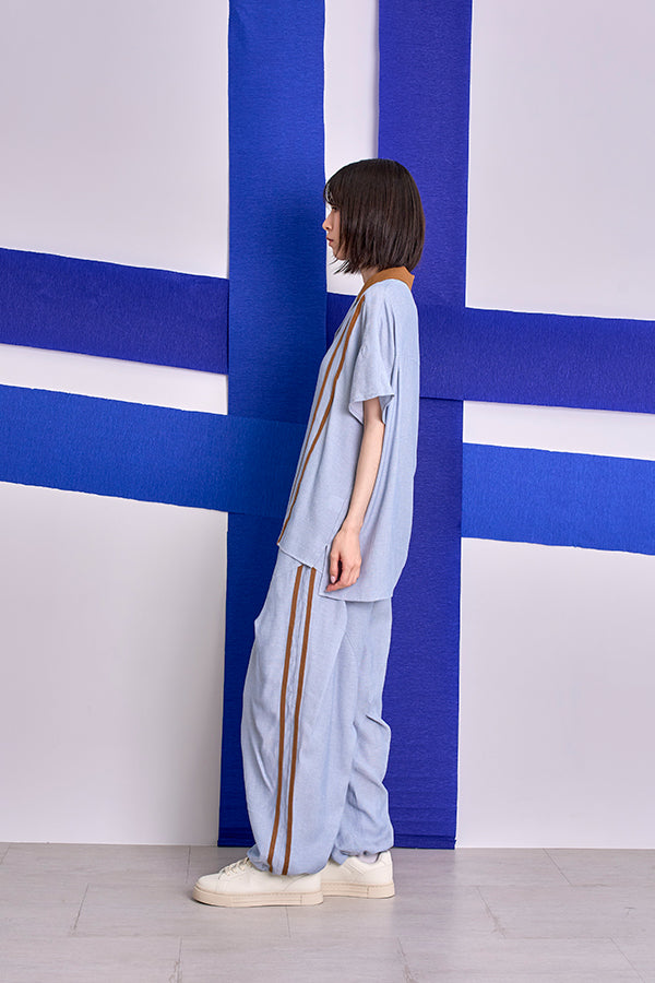Nora Lily】Retro Line Open Collar S/S Shirt-Sax Blue x Camel