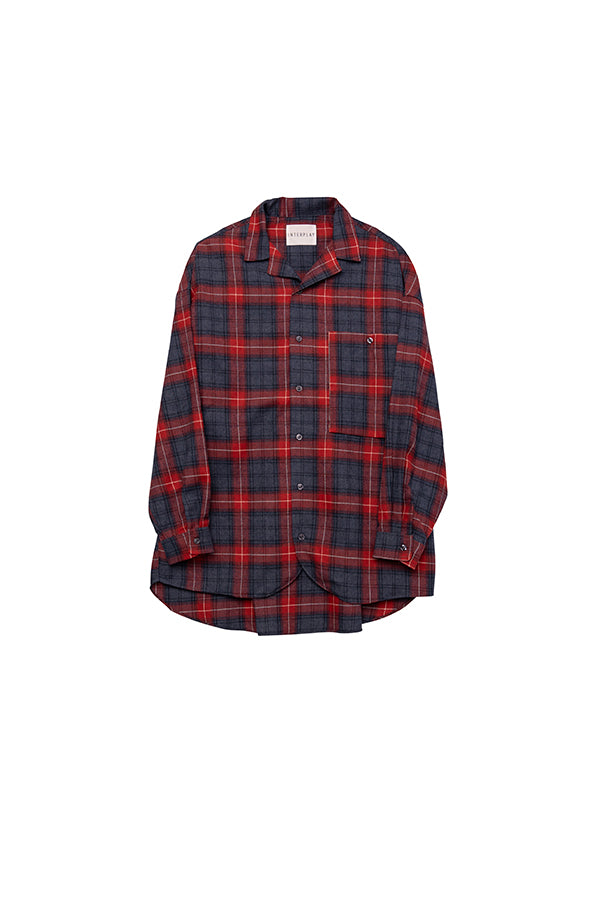 【INTERPLAY】Open Collar Over Size Shirt 【2：Check】 -RED x GREY Check- (UNISEX) 623580018-62