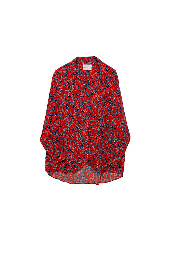 【INTERPLAY】Open Collar Over Size Shirt 【2：Pattern】 -RED Flower- (UNISEX) 623580019-62