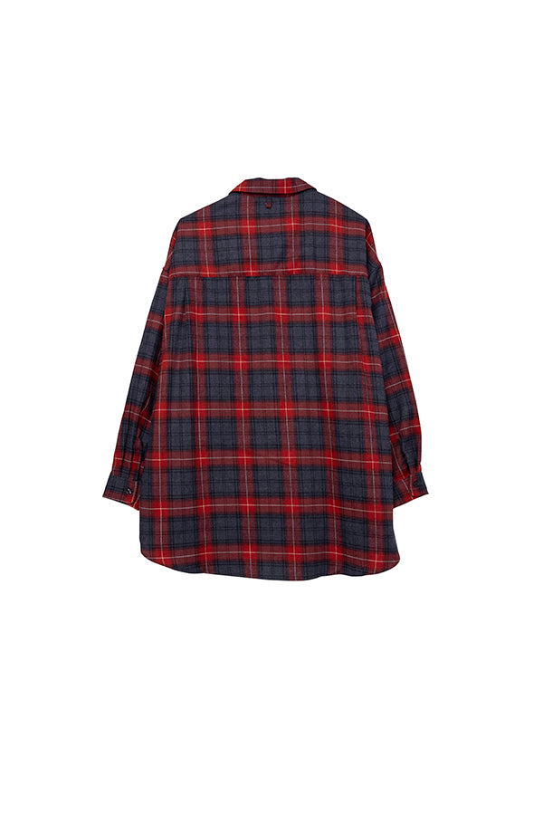 【INTERPLAY】Open Collar Over Size Shirt 【2：Check】 -RED x GREY Check- (UNISEX) 623580018-62