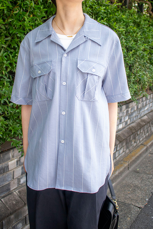 【INTERPLAY x AYUMI】 Open Collar Military S/S Shirt (UNISEX)-BLUE stripe- 623380057-91