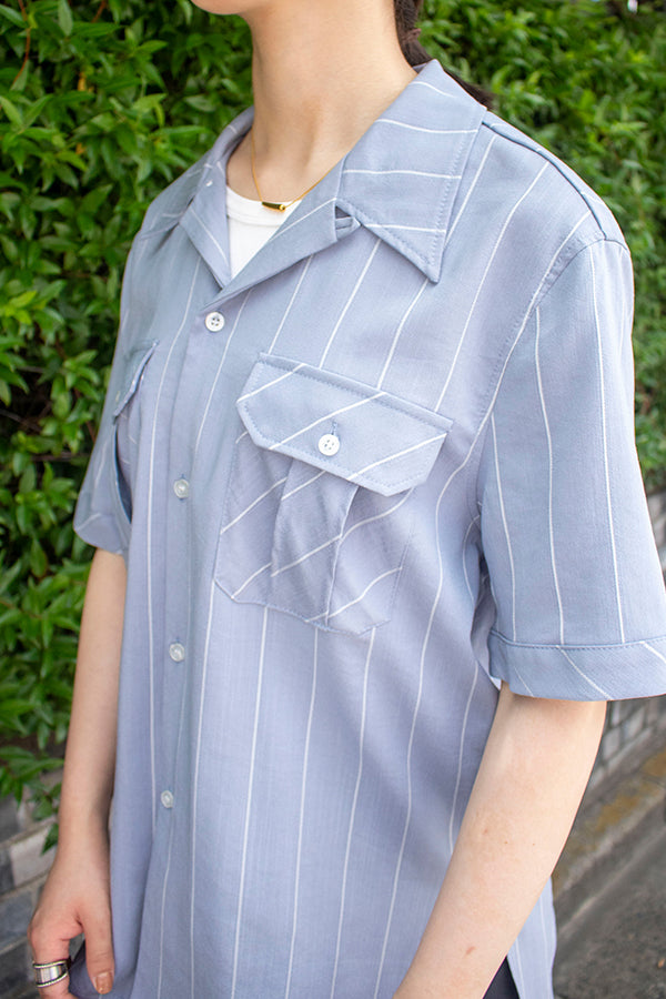 【INTERPLAY x AYUMI】 Open Collar Military S/S Shirt (UNISEX)-BLUE stripe- 623380057-91