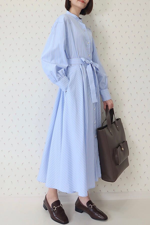 【INTERPLAY x MAYUKO】Drape Flare One-piece(Women) -Light BLUE stripe- 624150006-90