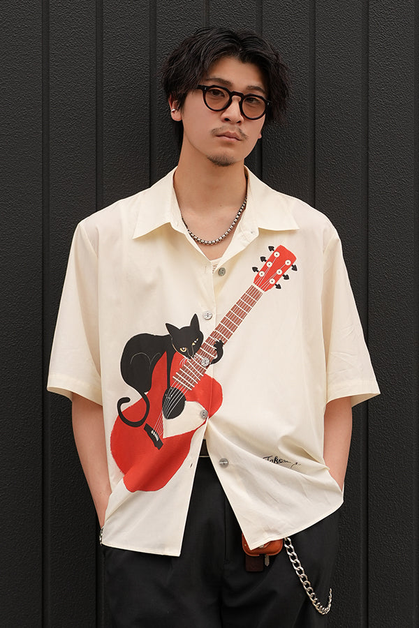 【INTERPLAY x TAKERU】Acoustic Meow Open Collar Shirt(UNISEX)-WHITE- 624180007-01F