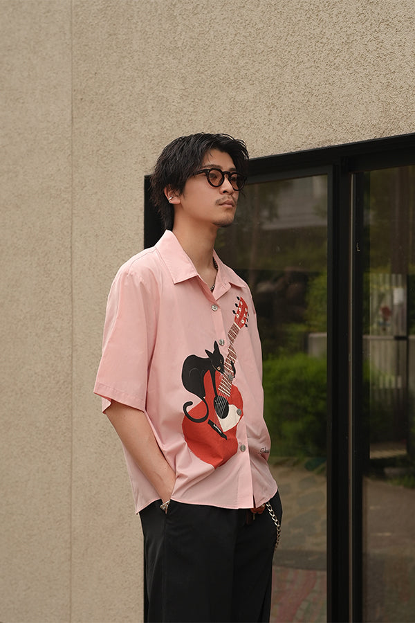 【INTERPLAY x TAKERU】Acoustic Meow Open Collar Shirt(UNISEX)-PINK- 624180007-72F