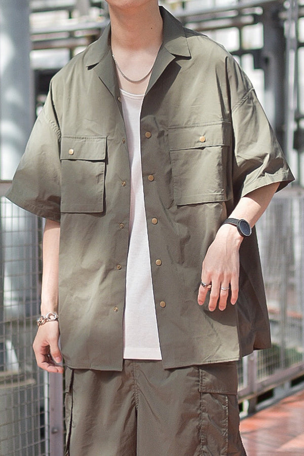 【INTERPLAY x たいが】Big Pocket Snap Open Collar Shirt-KHAKI-624180010-27