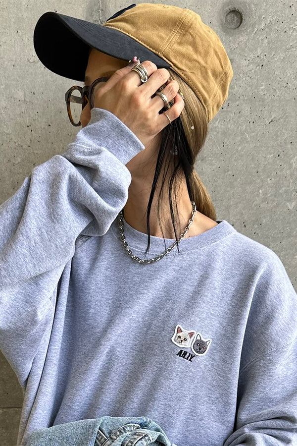 【INTERPLAY x AYA】Cat patch SWEAT(UNISEX)-GREY-624520005-12M&XL