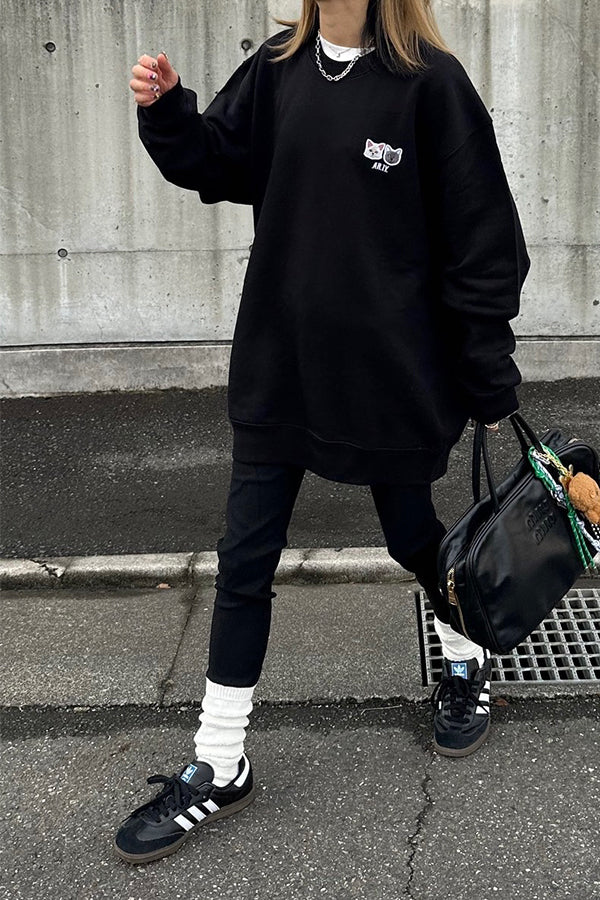 【INTERPLAY x AYA】Cat patch SWEAT(UNISEX)-BLACK-624520005-19M&XL