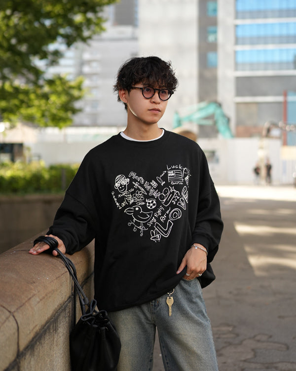 【INTERPLAY x Takeru】Rough Gaffiti Heart Sweat(UNISEX)-BLACK-624520011-19F