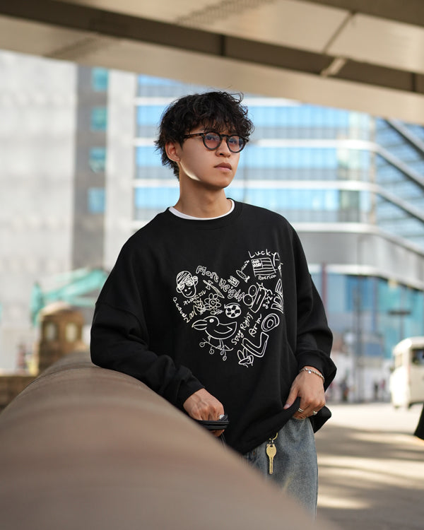 【INTERPLAY x Takeru】Rough Gaffiti Heart Sweat(UNISEX)-BLACK-624520011-19F