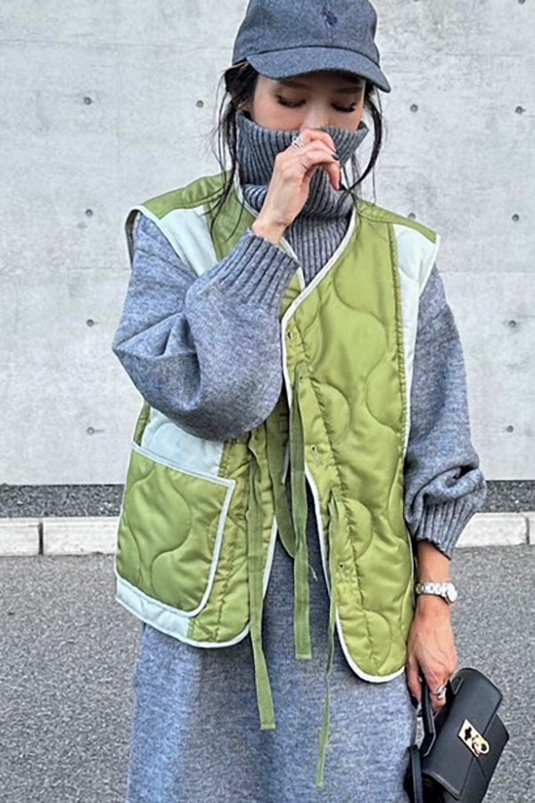 【INTERPLAY x AYA】Switching Quilt Vest-KHAKI-624542003-27F