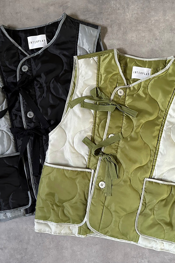 【INTERPLAY x AYA】Switching Quilt Vest-KHAKI-624542003-27F