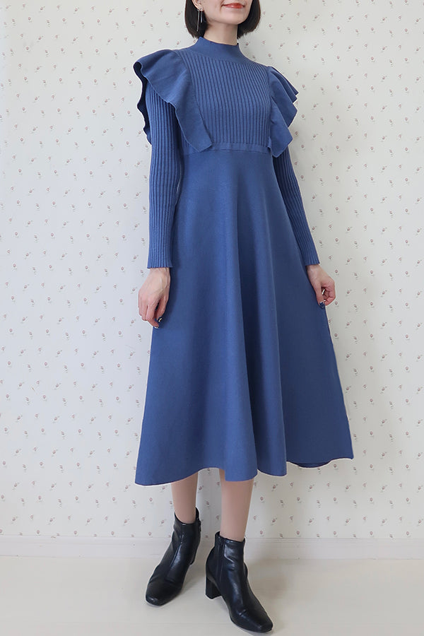 【INTERPLAY x MAYUKO】Shoulder Ruffle Knit One-piece-Dusty BLUE-624550009-91F