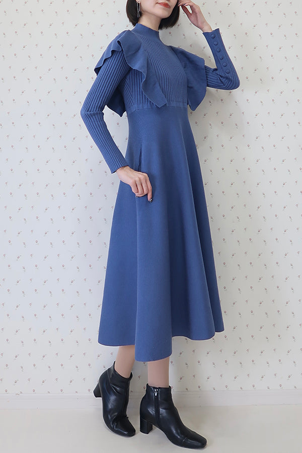 【INTERPLAY x MAYUKO】Shoulder Ruffle Knit One-piece-Dusty BLUE-624550009-91F