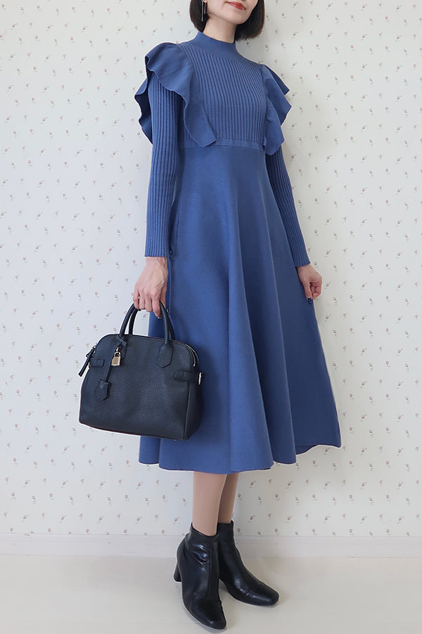 【INTERPLAY x MAYUKO】Shoulder Ruffle Knit One-piece-Dusty BLUE-624550009-91F