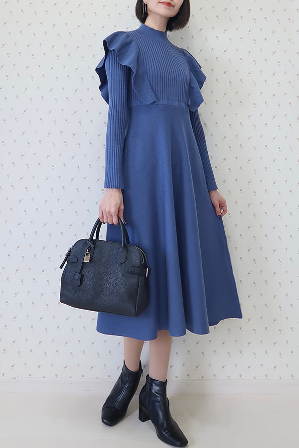 【INTERPLAY x MAYUKO】Shoulder Ruffle Knit One-piece-Dusty BLUE-624550009-91F