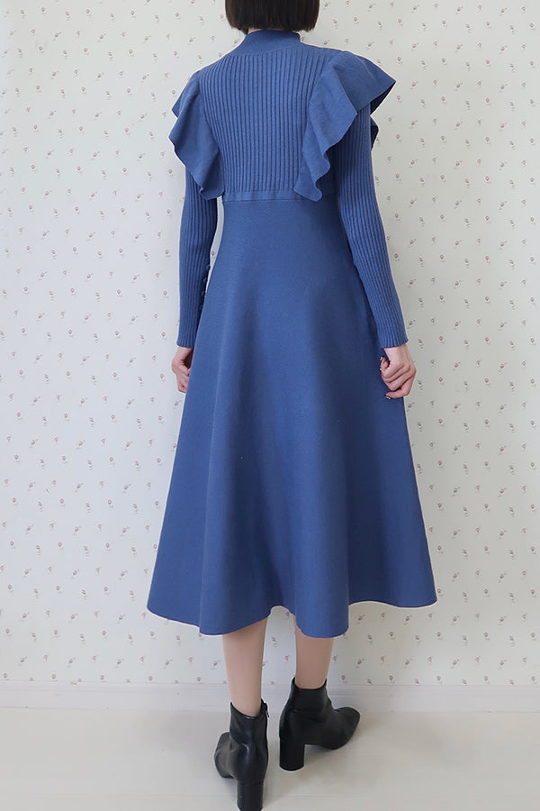 【INTERPLAY x MAYUKO】Shoulder Ruffle Knit One-piece-Dusty BLUE-624550009-91F