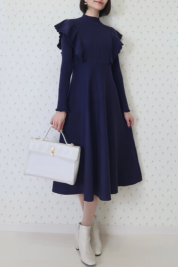 【INTERPLAY x MAYUKO】Shoulder Ruffle Knit One-piece-NAVY-624550009-93F