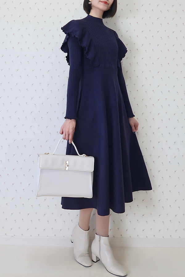 【INTERPLAY x MAYUKO】Shoulder Ruffle Knit One-piece-NAVY-624550009-93F