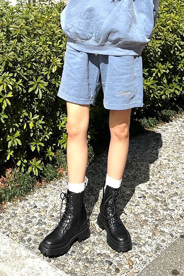 【INTERPLAY】Script EMB. LOGO Garment Dyed 6.4 oz Sweat Shorts Ivory/Pepper Black/Blue Jean 625120022-04/19/92M