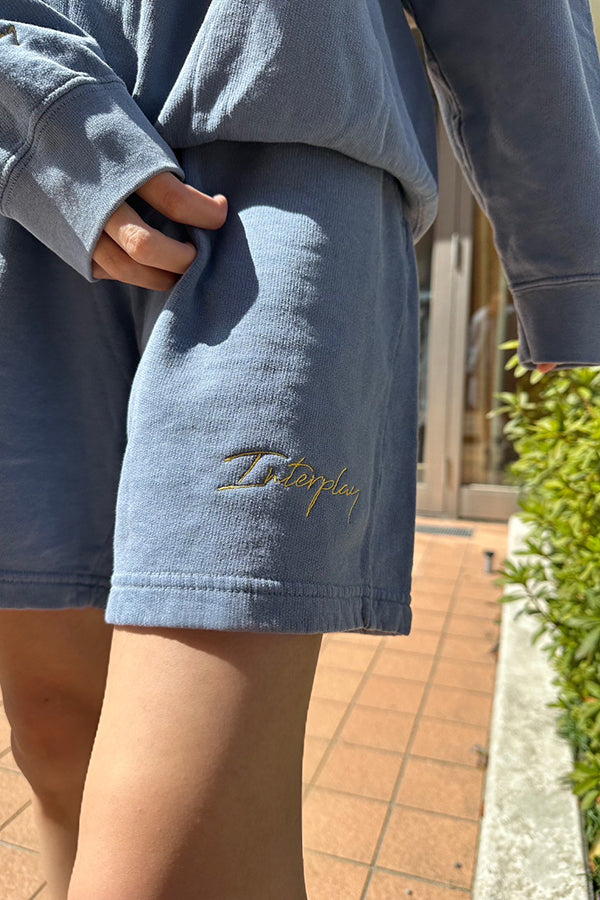 【INTERPLAY】Script EMB. LOGO Garment Dyed 6.4 oz Sweat Shorts Ivory/Pepper Black/Blue Jean 625120022-04/19/92M