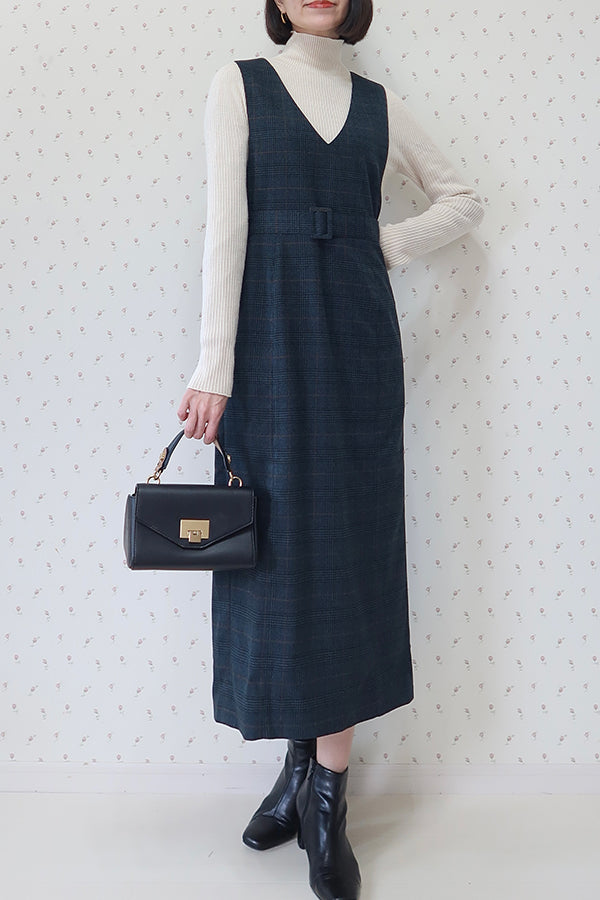 【INTERPLAY x MAYUKO】Minimal I-Line Dress-Navy x Green Check-625550011-93F