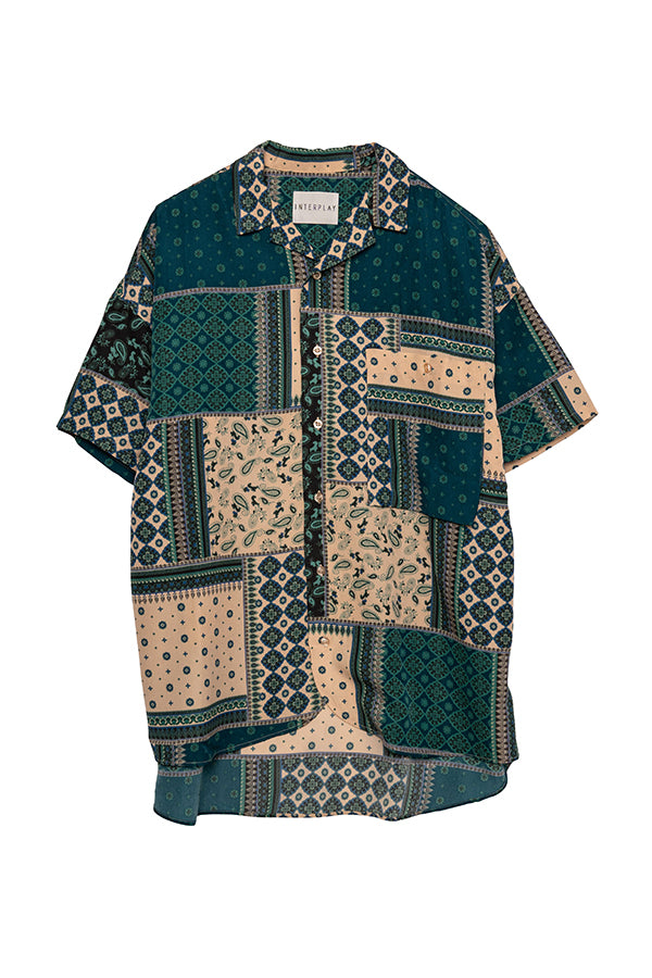 【INTERPLAY】 Open Collar S/S Over Size Shirt【2】-bandana B.Green-<UNISEX> 623380025-05