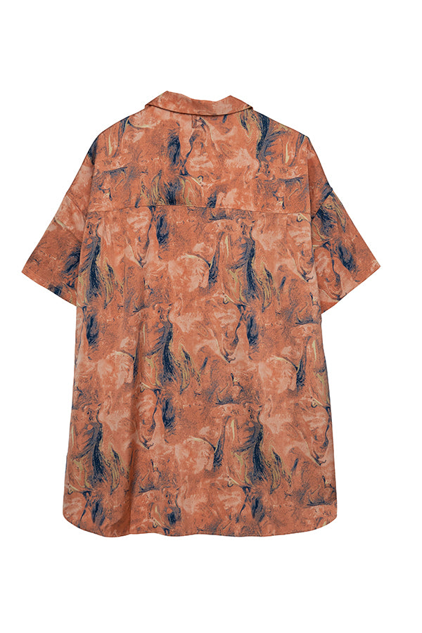 【INTERPLAY】 Open Collar S/S Over Size Shirt【2】-Art Orange-<UNISEX> 623380025-67