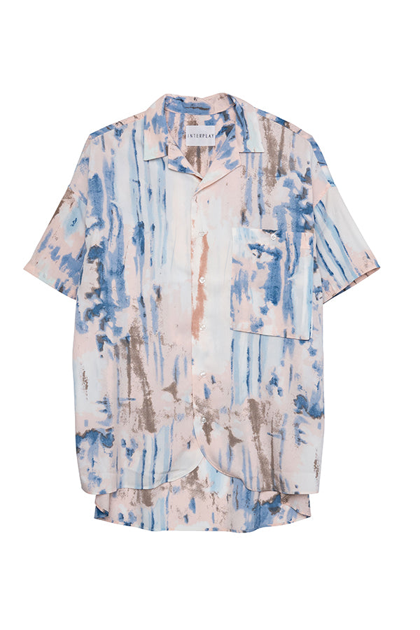 【INTERPLAY】 Open Collar S/S Over Size Shirt【2】-Watercolor Pink-<UNISEX> 623380025-73