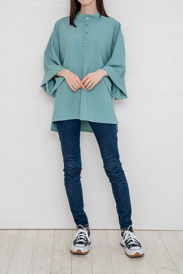 【NoraLily】Stand Collar S/S Shirt-GREEN- (UNISEX)