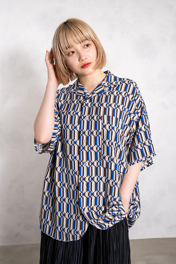 【INTERPLAY】 Open Collar S/S Over Size Shirt【2】-70's Gio BLUE-＜UNISEX＞ 623380025-92