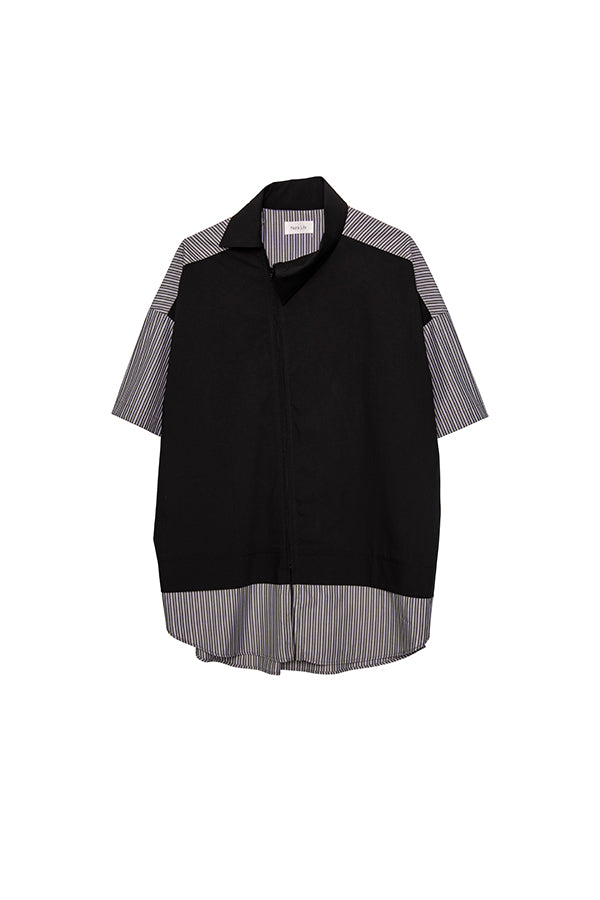 【Nora Lily】 Docking Bi-Collar Shirt<UNISEX> -BLACK x Grey Stripe-223380049-19
