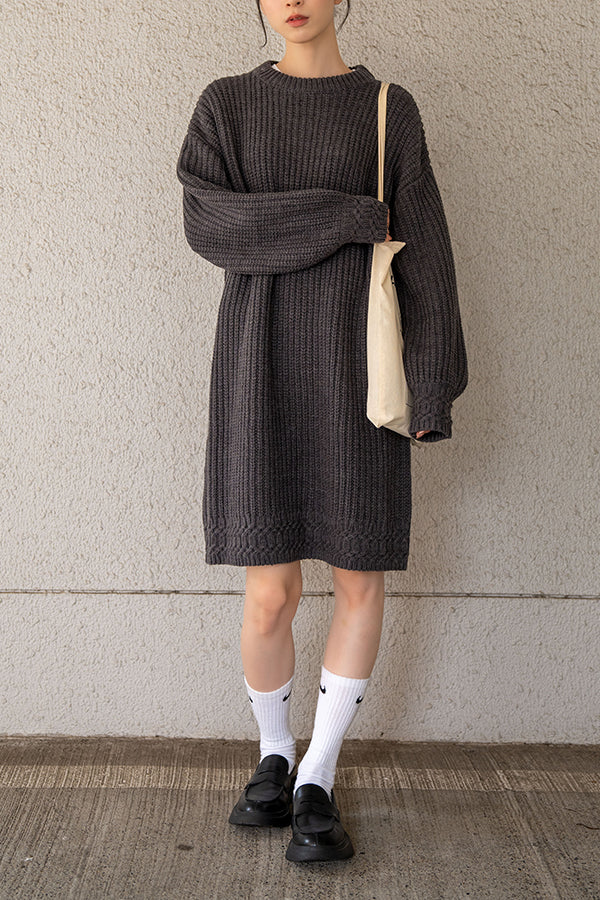 【Nora Lily】 Bulky Knit Long Pull Over(UNISEX)-GREY-223512006-12