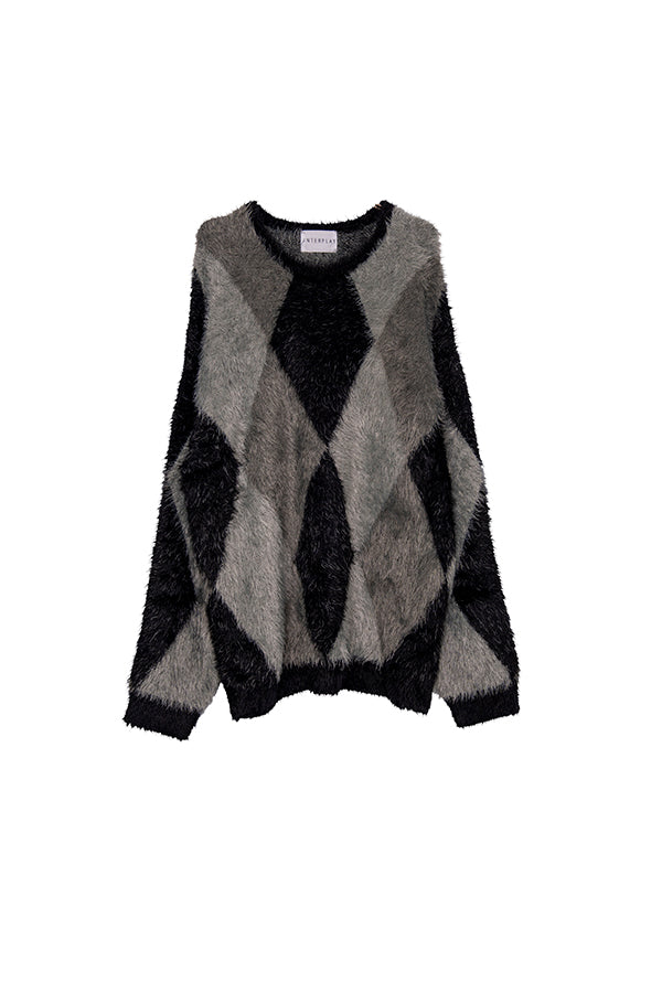 【INTERPLAY x TAKERU】 Diamond Shaggy Knit Sweater(UNISEX)-BLACK x gry x l.gry- 623512001-19