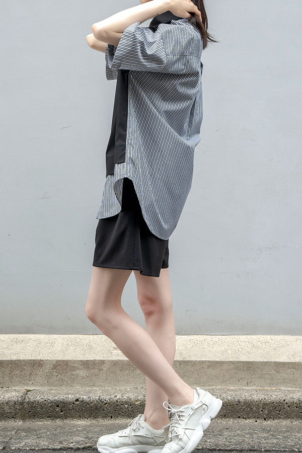 【Nora Lily】 Docking Bi-Collar Shirt<UNISEX> -BLACK x Grey Stripe-223380049-19