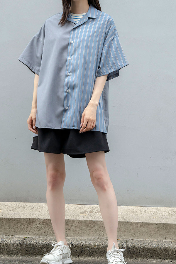 【Nora Lily】Bi-Collar Fabric Open Collar S/S Shirt<UNISEX> -Light GREYx B.Grey Stripe-223380050-11