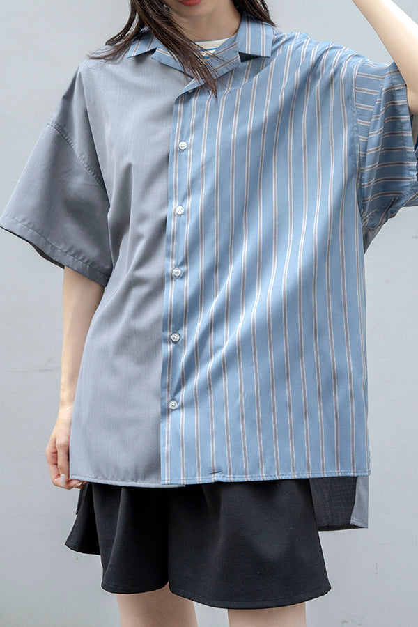 【Nora Lily】Bi-Collar Fabric Open Collar S/S Shirt<UNISEX> -Light GREYx B.Grey Stripe-223380050-11