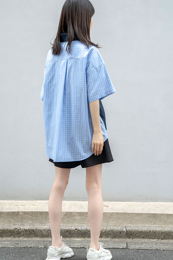 【Nora Lily】 Docking Bi-Collar Shirt<UNISEX> -NAVY x Blue Stripe-223380049-93